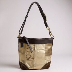 Vtg Coach 2007‎ Signature Monogram Patchwork Gold Suede Shoulder/ Crossbody Bag